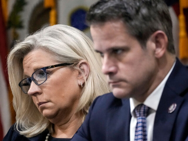 WASHINGTON, DC - JUNE 16: U.S. Rep. Liz Cheney (R-WY), Vice Chair of the Select Committee to Investigate the January 6th Attack on the U.S. Capitol, and Rep. Adam Kinzinger (R-IL) participate in the third hearing on the January 6th investigation in the Cannon House Office Building on June 16, …