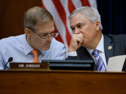 WASHINGTON, DC - JUNE 22: House Oversight and Government Reform Committee member Rep. Jim Jordan (R-OH) (L) and ranking member Rep. James Comer (R-KY) talk during a hearing about sexual harassment in the National Football League in the Rayburn House Office Building on Capitol Hill on June 22, 2022 in …