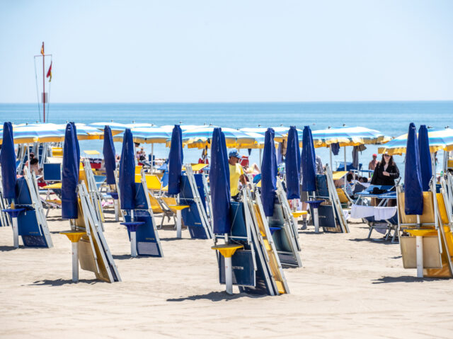 Ostia, Bathers on the coast of Ostia. Establishment, equipped beach, sunbeds, umbrellas, d