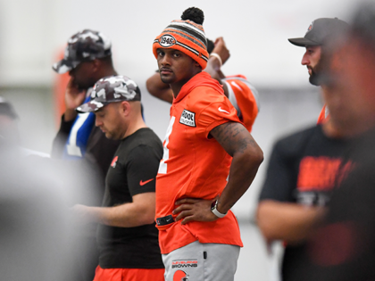 Deshaun Watson #4 of the Cleveland Browns looks on during Cleveland Browns training camp at CrossCountry Mortgage Campus on July 27, 2022 in Berea, Ohio. (Photo by Nick Cammett/Getty Images)
