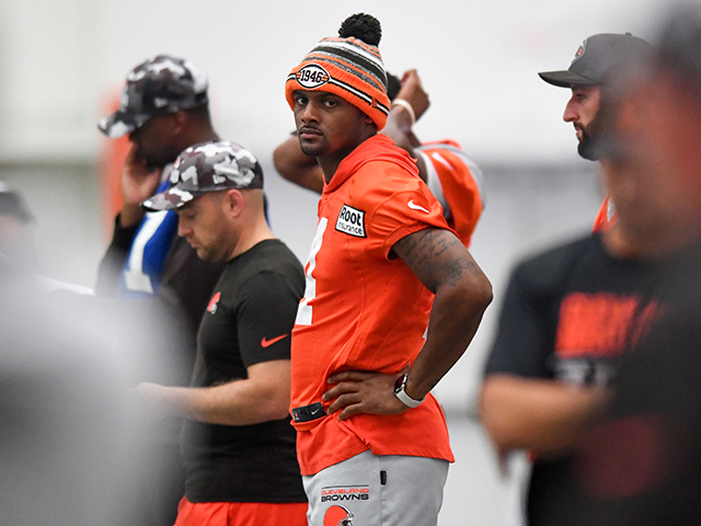 Deshaun Watson #4 of the Cleveland Browns looks on during Cleveland Browns training camp a