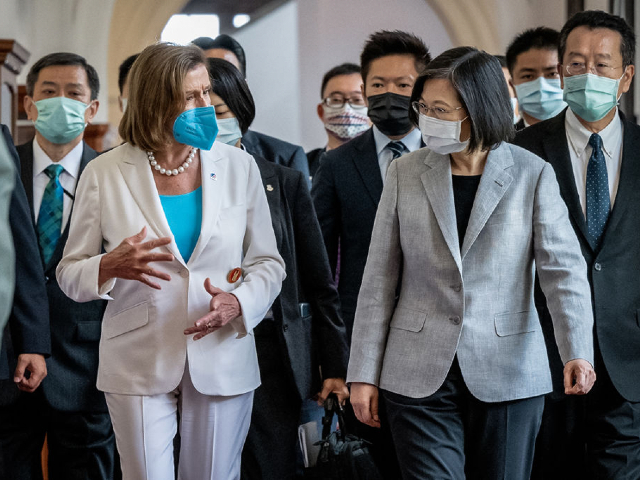 TAIPEI, TAIWAN - AUGUST 03: Speaker of the U.S. House Of Representatives Nancy Pelosi (D-CA), center left, speaks Taiwan's President Tsai Ing-wen, center right, after arriving at the president's office on August 03, 2022 in Taipei, Taiwan. Pelosi arrived in Taiwan on Tuesday as part of a tour of Asia aimed at reassuring allies in the region, as China made it clear that her visit to Taiwan would be seen in a negative light. (Photo by Chien Chih-Hung/Office of The President via Getty Images)