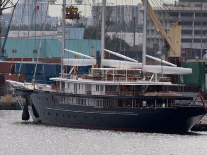 Jeff Bezos's yacht named Koru is seen docked at Port Everglades on November 29, 2023 in Po