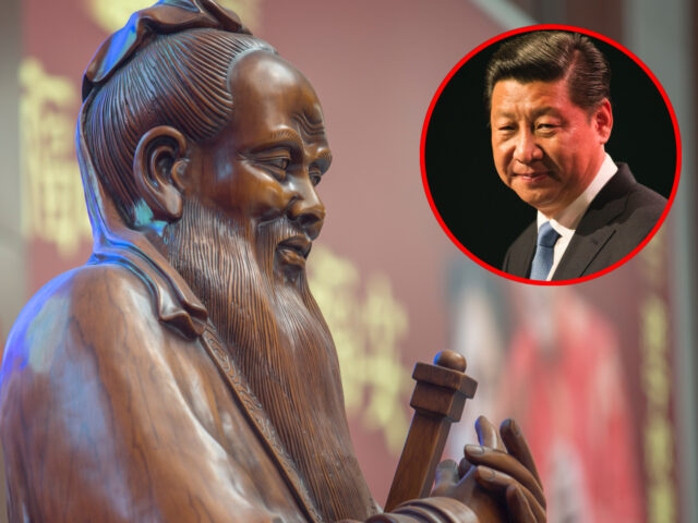 QUFU, SHANDONG PROVINCE, CHINA - 2015/03/22: A Confucius statue in Qufu east railway stati