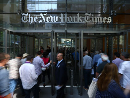 NEW YORK, USA - JUNE 29 : People enter the New York Times (NYT) building in New York, United States on June 29, 2017. NYT employees start a temporary strike against downsizing and dismissal plans of the NYT management. (Photo by Volkan Furuncu/Anadolu Agency/Getty Images)