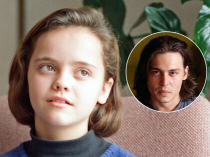 (INSET: Johnny Depp) 11 year old Christina Ricci, junior star in the blockbuster movie 'The Addams Family', 9th December 1991. (Photo by Ken Lennox/Mirrorpix/Getty Images)
