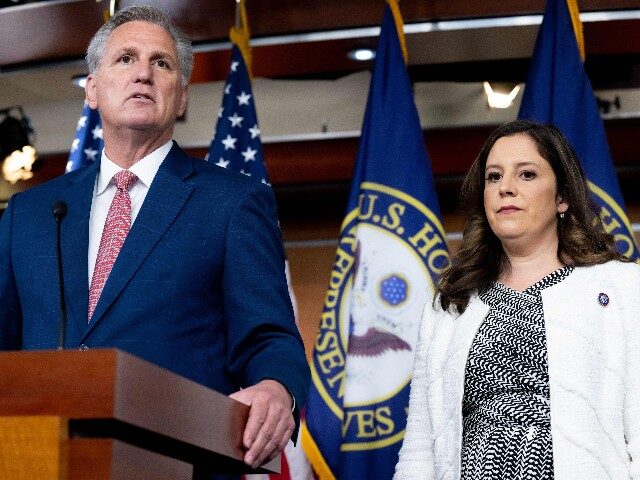 House Minority Leader Kevin McCarthy, Republican of California, and Representative Elise Stefanik (R), Republican of New York and chair of the House Republican Conference, holds a press conference on Capitol Hill in Washington, DC, June 9, 2022. (Photo by SAUL LOEB / AFP) (Photo by SAUL LOEB/AFP via Getty Images)