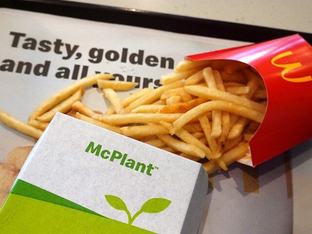 In this photo illustration, packaging for the McDonald's McPlant Beyond Meat burger is dis