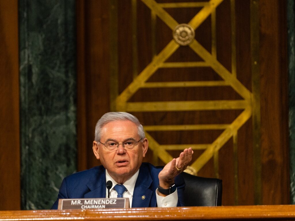 Senator Robert Menendez, a Democrat from New Jersey and chairman of the Senate Foreign Relations Committee, speaks during a hearing in Washington, D.C., U.S., on Tuesday, March 8, 2022. Russia is likely to face "a persistent and significant insurgency" after President Vladimir Putin misjudged how his war against Ukraine would unfold the top U.S. spy chief said today. Photographer: Eric Lee/Bloomberg via Getty Images