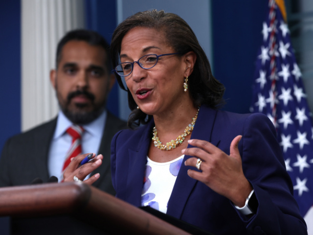 WASHINGTON, DC - AUGUST 24: White House Domestic Policy Adviser Susan Rice (R) speaks on P