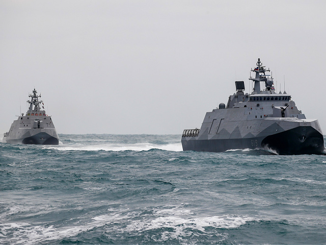Two Taiwanese military corvettes sail during a Navy Drill for Preparedness Enhancement ahead of the Chinese New Year, amid escalating Chinese threats to the island, in Keelung, Taiwan, 7 Jan, 2022. With the US approving an increasing number of arms sales to Taipei and China sending more PLA warplanes to cruise around the self governing island, military tensions in the Taiwan Strait have been expected to grow. (Photo by Ceng Shou Yi/NurPhoto via Getty Images)