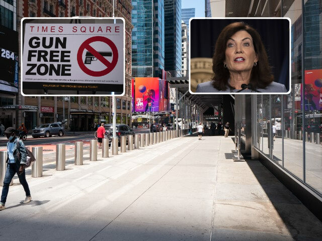 Times Square, NY; insets: gun free zone sign, Kathy Hochul