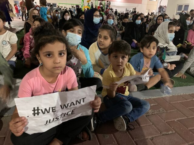 Afghans rallied in an Afghan refugee camp in Abu Dhabi, the capital of the United Arab Emi