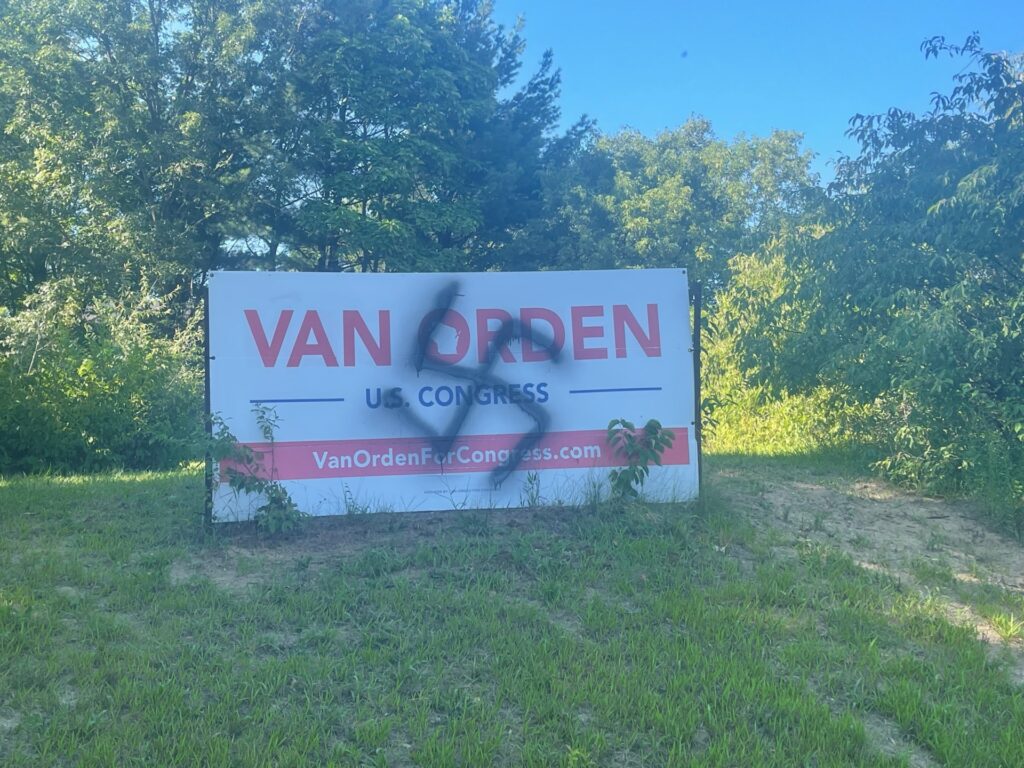 Vandalized Derrick Van Orden campaign signs in Wisconsin’s Third Congressional District. (Obtained by Breitbart News).