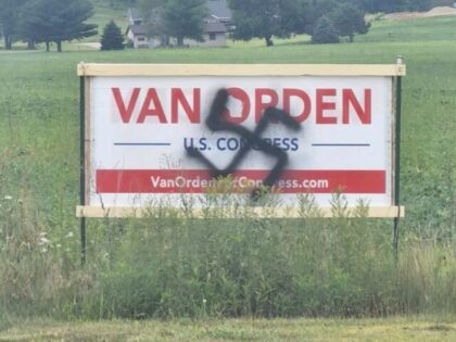 Vandalized Derrick Van Orden campaign signs in Wisconsin’s Third Congressional District. Obtained by Breitbart News).