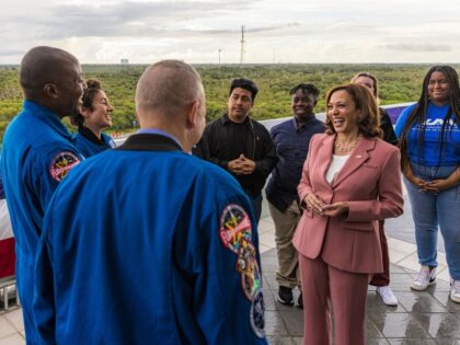 Vice President Kamala Harris, right, is greeted by Andre Douglas, astronaut candidate for NASA, left, as she tour Artemis II and Artemis III mission hardware at Kennedy Space Center in Cape Canaveral, Florida, U.S., on Monday, August 29, 2022. NASA delayed the debut launch of the new massive Artemis I …