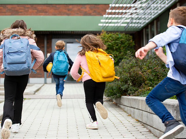 Rear view of schoolchildren running - stock photo