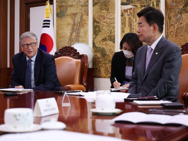 SEOUL, SOUTH KOREA - AUGUST 16: Microsoft Corp co-founder Bill Gates (L) talks with South Korea's National Assembly Speaker Kim Jin-pyo (R) during their meeting at the National Assembly on August 16, 2022 in Seoul, South Korea. Bill Gates was set to deliver a speech at the National Assembly on …
