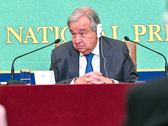 UN Secretary General António Guterres (C) speaks during a press conference at the Nationa