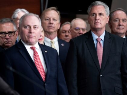 WASHINGTON, DC - JANUARY 20: House Minority Whip Steve Scalise, R-La., and House Minority Leader Kevin McCarthy, R-Calif., listens alongside House Republicans during a news conference on the Biden Administration's first year at the U.S. Capitol on Thursday, Jan. 20, 2022 in Washington, DC. (Photo by Sarah Silbiger for The …