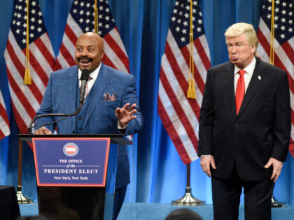 SATURDAY NIGHT LIVE -- "Felicity Jones" Episode 1715 -- Pictured: (l-r) Kenan Thompson as Steve Harvey and Alec Baldwin as President Elect Donald J. Trump during the Trump Press Conference Cold Open on January 14th, 2017 -- (Photo by: Will Heath/NBC/NBCU Photo Bank)
