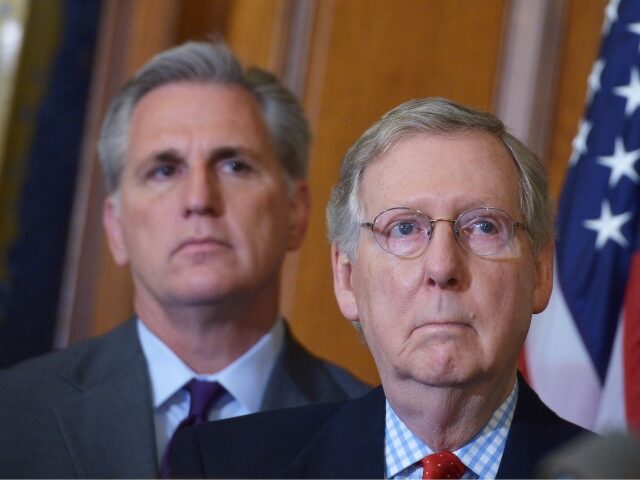 Senate Majority Leader Mitch McConnell (R), R-KY, stands next to House Majority Leader Kevin McCarthy, R-CA, during a signing ceremony for the Keystone XL Pipeline Approval Act on February 13, 2015 in the Rayburn Room of the US Capitol in Washington, DC. AFP PHOTO/MANDEL NGAN (Photo credit should read MANDEL …