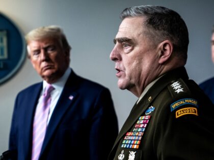 WASHINGTON, DC - APRIL 1 : President Donald J. Trump listens to Chairman of the Joint Chiefs General Mark Milley and members of the coronavirus task force during a briefing in response to the COVID-19 coronavirus pandemic in the James S. Brady Press Briefing Room at the White House on …