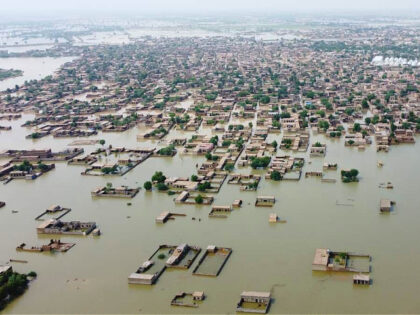 This aerial view shows a flooded residential area in Dera Allah Yar town after heavy monso