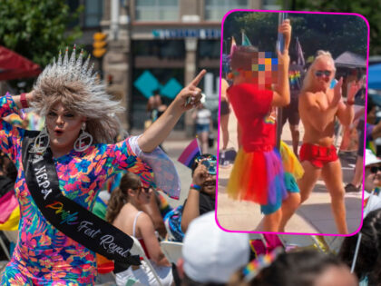 Pride Parade with child pole dancing as an inset (Aimee Dilger/SOPA Images/LightRocket via
