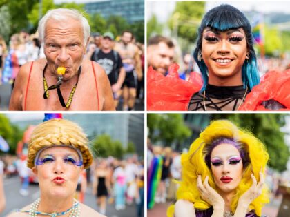 23 July 2022, Berlin: KOMBO - Aced (l-r, top), Horst, Asia Cristal, Subdog, Jay (l-r, bottom), Marika, Darjeeling Devine and Santana SexMachine take part in Christopher Street Day (CSD). This year's theme of the parade for lesbian, gay, bisexual, transgender, intersex and queer rights is "United in Love! Against Hate, …
