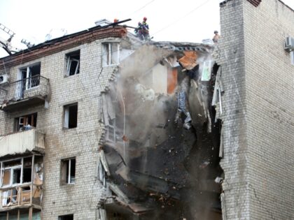 KHARKIV, UKRAINE - JULY 11, 2022 - A six-storey apartment block shows damage caused by a Russian missile strike that took place in the early hours of Monday, July 11, in central Kharkiv, northeastern Ukraine. This photo cannot be distributed in the Russian Federation. (Photo credit should read Vyacheslav Madiyevskyy/ …