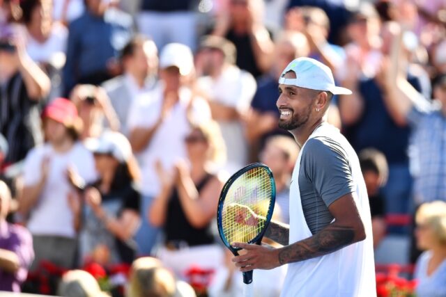Australian Nick Kyrgios celebrates his victory over world number one Daniil Medvedev at th