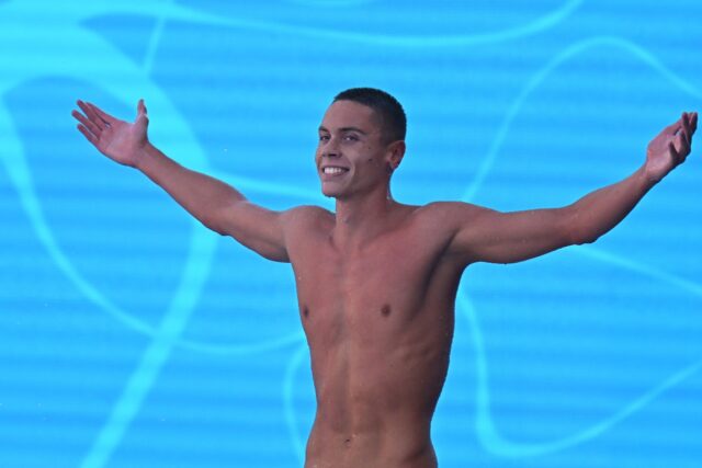 Crest of a wave: David Popovici reacts after setting a 100m freestyle new world record