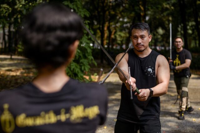 Fighters in Jakarta practise sword-fighting techniques known as Historical European Martia