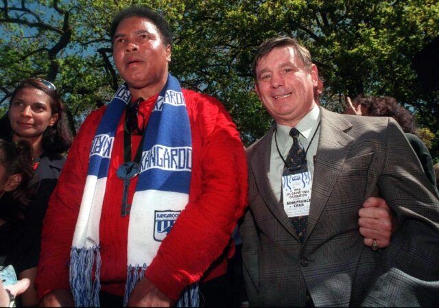 Johnny Famechon, right, in Melbourne with Muhammad Ali in 1998