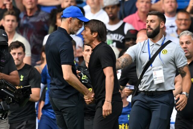 Red mist: Tottenham boss Antonio Conte (right) and Chelsea boss Thomas Tuchel (left) were shown red cards after a 2-2 draw on Sunday