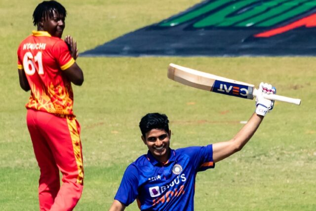 Shubman Gill (R) celebrates after scoring his maiden one-day international century against