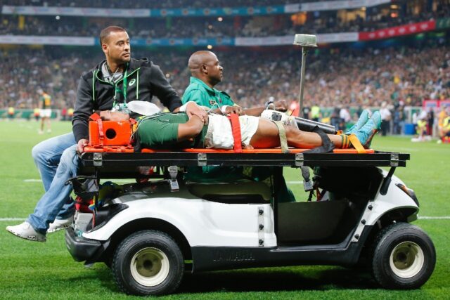 South Africa wing Kurt-Lee Arendse is removed from the field after being injured during a