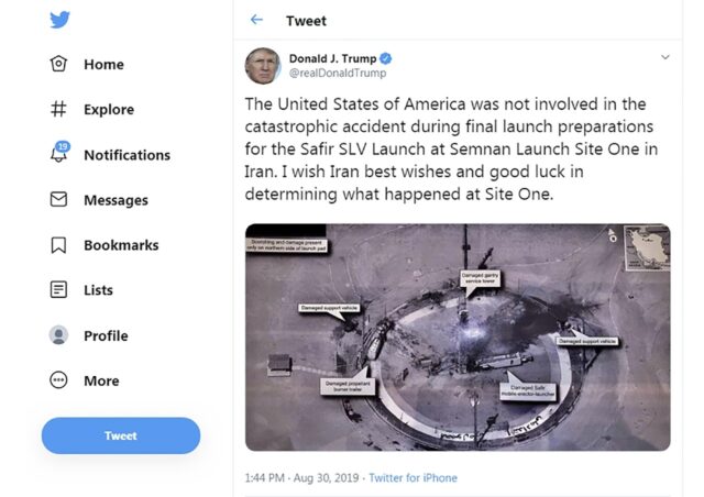 A tweet from US President Donald Trump dated August 30, 2019, apparently shows a classifie