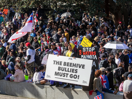 Freedom and Rights Coalition protesters demonstrate outside Parliament in Wellington, New Zealand, Tuesday, Aug. 23, 2022. About 2,000 protesters upset with the government's pandemic response converged on New Zealand's Parliament — but it appeared there would be no repeat of the action six months ago in which protesters camped out …