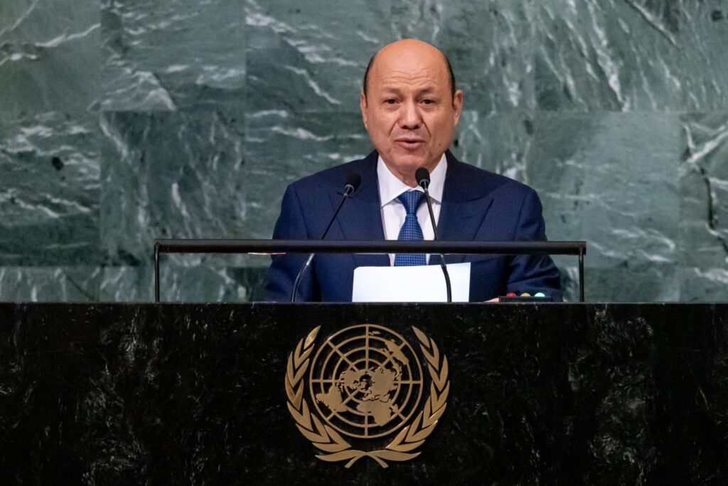 President of Yemen Rashad Mohammed al-Alimi addresses the 77th session of the United Nations General Assembly, Thursday, Sept. 22, 2022 at U.N. headquarters. (AP Photo/Julia Nikhinson)