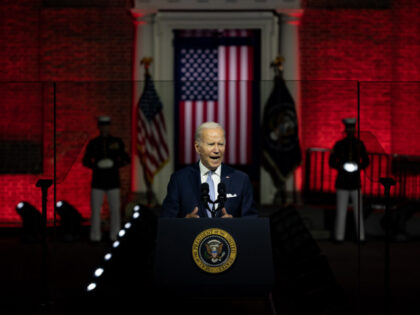 US President Joe Biden speaks at Independence National Historical Park in Philadelphia, Pennsylvania, US, on Thursday, Sept. 1, 2022. Biden is arguing that Donald Trump's supporters pose a threat to US democracy and the country's elections during an address billed as the "battle for the soul of the nation." Photographer: …