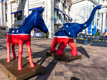 WASHINGTON DC, Democratic Mule and Republican Elephant statues symbolize American 2-part Political system in front of Willard Hotel. (Photo by: Visions of America/Universal Images Group via Getty Images)