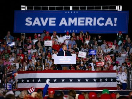 Former President Donald Trump speaks at a Save America Rally at the Aero Center Wilmington on September 23, 2022 in Wilmington, North Carolina. The "Save America" rally was a continuation of Donald Trumps effort to advance the Republican agenda by energizing voters and highlighting candidates and causes. (Photo by Allison …