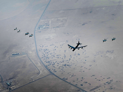 This photo released by the U.S. Air Force shows a B-52H Stratofortress assigned to the 5th Bomb Wing, Minot Air Force Base, North Dakota, flying over the Middle East on Sunday, Sept. 4, 2022. The United States military said Monday it flew a pair of nuclear-capable B-52 long-distance bombers over …