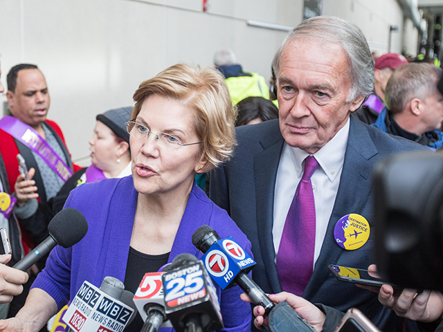 Sen. Elizabeth Warren (D-MA) and Sen. Ed Markey (D-MA) speak to reporters following a rally for airport workers affected by the government shutdown at Boston Logan International Airport on January 21, 2019 in Boston, Massachusetts. As the partial government shutdown enters its fifth week, the stalemate between President Donald Trump …