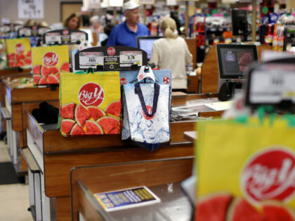 NORWOOD, MA - AUGUST 1: Reusable plastic bags are displayed at the Big Y grocery store on