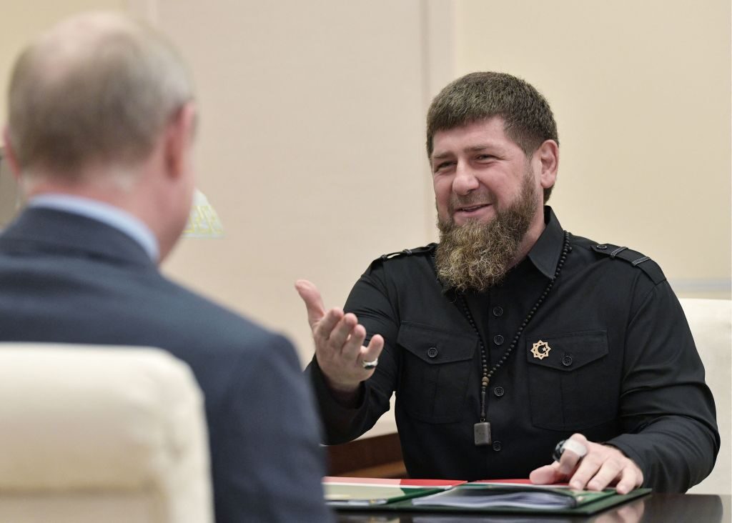 Head of the Chechen Republic Ramzan Kadyrov (R) speaks with Russian President Vladimir Putin at the Novo-Ogaryovo state residence outside Moscow, on August 31, 2019. (ALEXEY NIKOLSKY/Sputnik/AFP via Getty Images)
