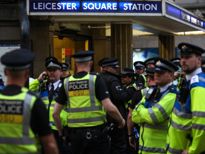 LONDON, ENGLAND - JUNE 29: Police cordon off Leicester Square Station on June 29, 2021 in London, United Kingdom. England beat Germany 2-0 and are now set to play either Sweden or Ukraine in the quarter final of Euro 2020 on 3 July in Rome. (Photo by Charlotte Wilson/Offside/Offside via …