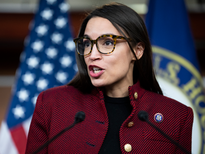 Rep. Alexandria Ocasio-Cortez, D-N.Y., conducts a news conference in the Capitol Visitor Center on banning members of Congress from trading stocks on Thursday, April 7, 2022. (Tom Williams/CQ-Roll Call, Inc via Getty Images)